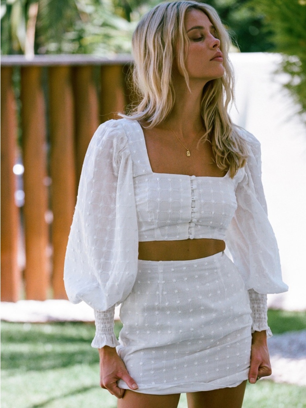 SABO • Indiana Puff Top white cropped embroidered long balloon sleeve